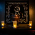 Candlelit speakeasy display with dark mystical décor, setting the eerie mood for Ghost Stories show at 1923 Prohibition Bar in Las Vegas.